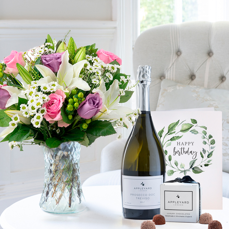Pink & Lilac Roses with White Lilies | Birthday Gifts | Flowers, Chocolates & Prosecco | Luxury Gifts Delivered - Appleyard London