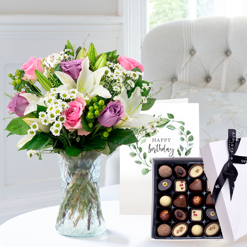 Birthday Chantilly, Box Of 25 Chocolates & Birthday Gift Card Set - Luxury Flowers & Chocolates - Pink - Next Day Flower & Gift Delivery UK -