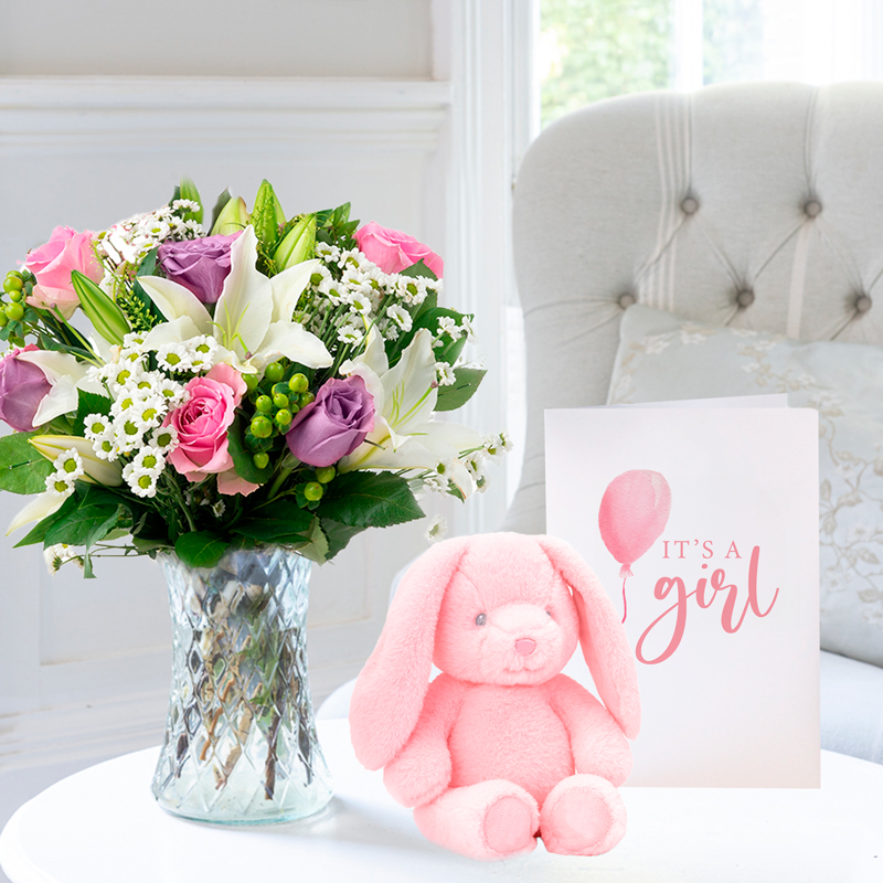 Pink & Lilac Roses with White Lilies | Baby Girl Bunny & Card | New Baby Gifts | Luxury Gifts Delivered - Appleyard London