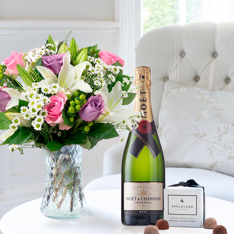 Roses & Champagne Gift Set - Pink & Lilac Roses, White Lilies - Moët & Chandon & Truffles - Flowers, Chocolates & Champagne - Next Day Flower & Gift