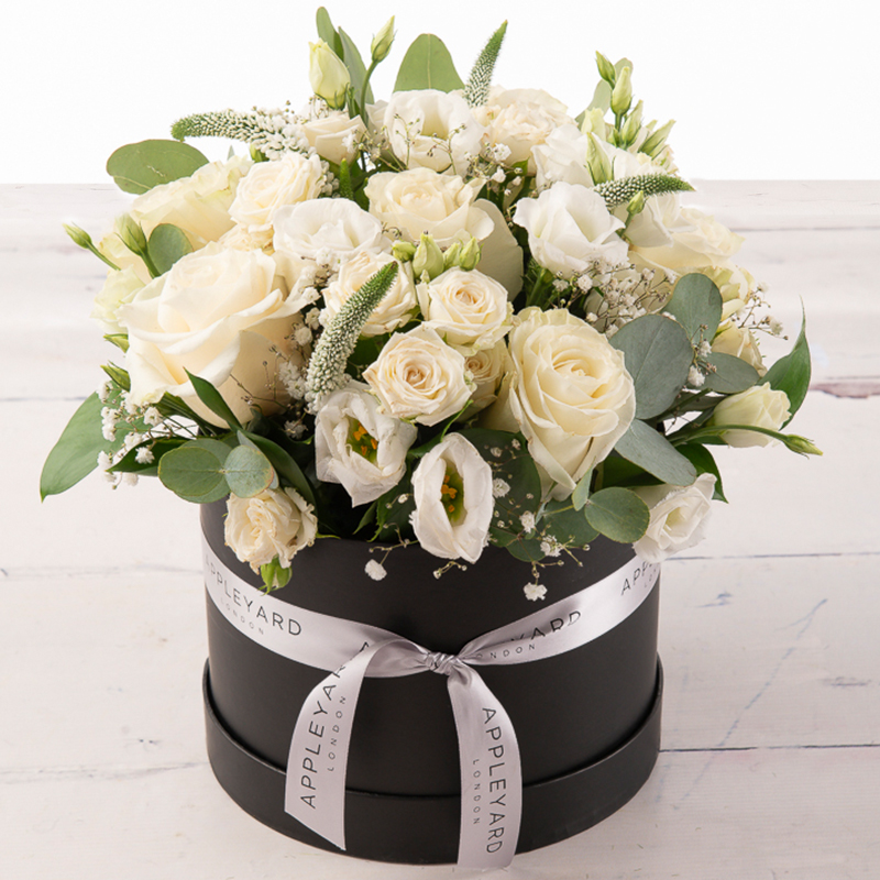 Cherish Grande Hatbox - White - Eucalyptus & Lisianthus - Flower Bouquet - Next Day Flower Delivery UK - Appleyard London