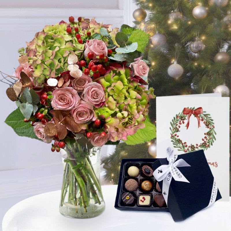 Luxury Christmas Flower Gift Set - Hydrangea, 9 Luxury Chocolates & Card - Hydrangea & Hypericum Berry - Christmas Flower & Gift Delivery UK -
