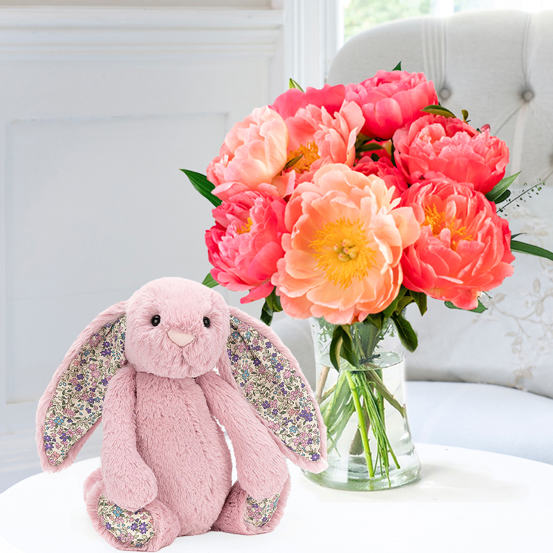 Coral Charm Peonies & Jellycat Pink Bunny (31cm) image