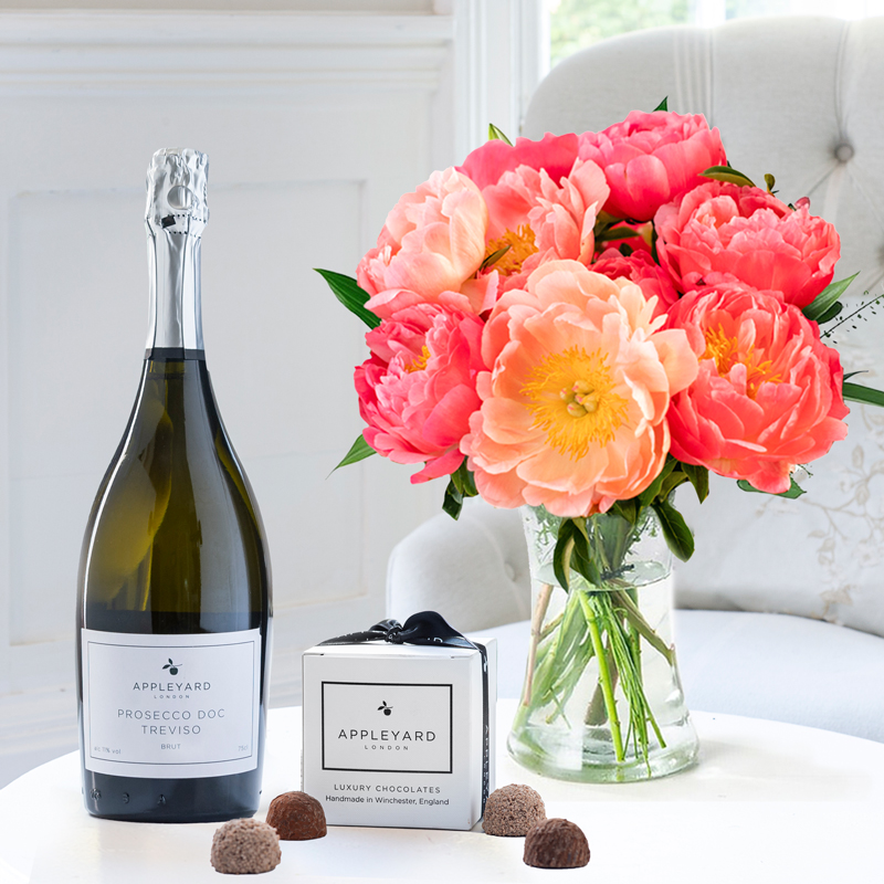 Coral Charm Peonies, Prosecco & 6 Mixed Truffles image
