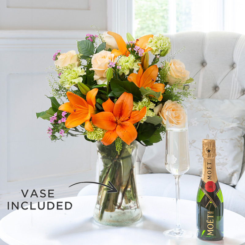 Flowers & Moët Champagne Gift Set - Coral Garden, Mini Moët, Vase & Card - Carnations, Lilies - Next Day Flower & Gift Delivery UK - Appleyard London