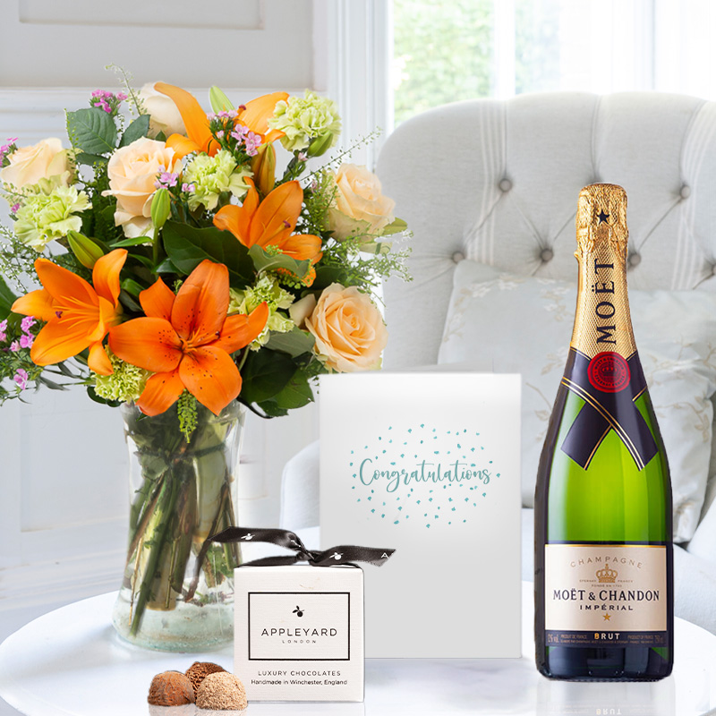 Coral Garden, Moët & Chandon, 6 Chocolate Truffles & Card | Congratulations Flowers & Champagne Gift Set | Next Day Delivery - Appleyard London