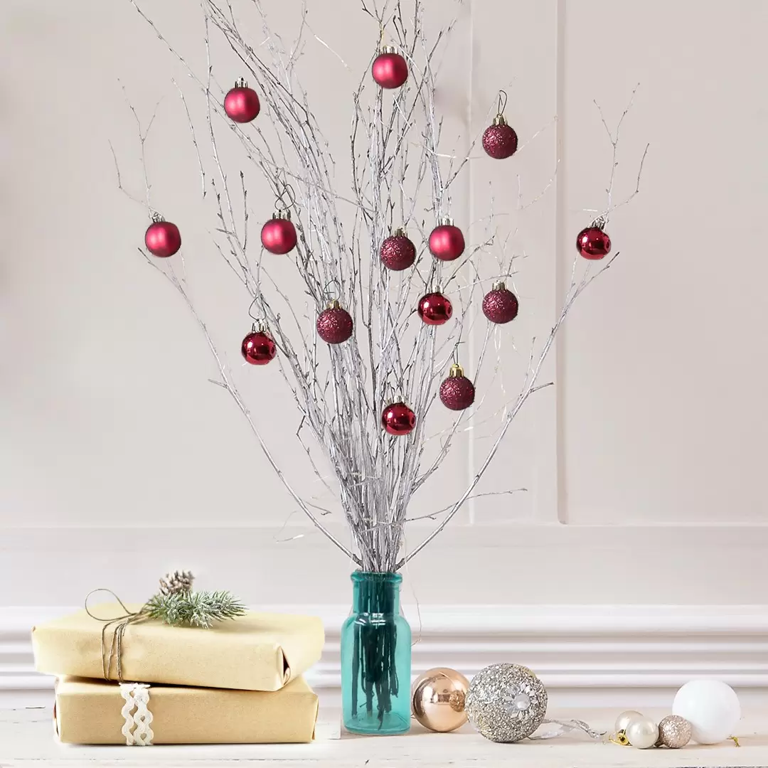 Silver Twig Tree with 14 Dark Red Baubles