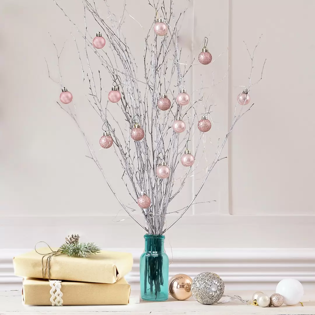 Silver Twig Tree with 14 Rose Gold Baubles