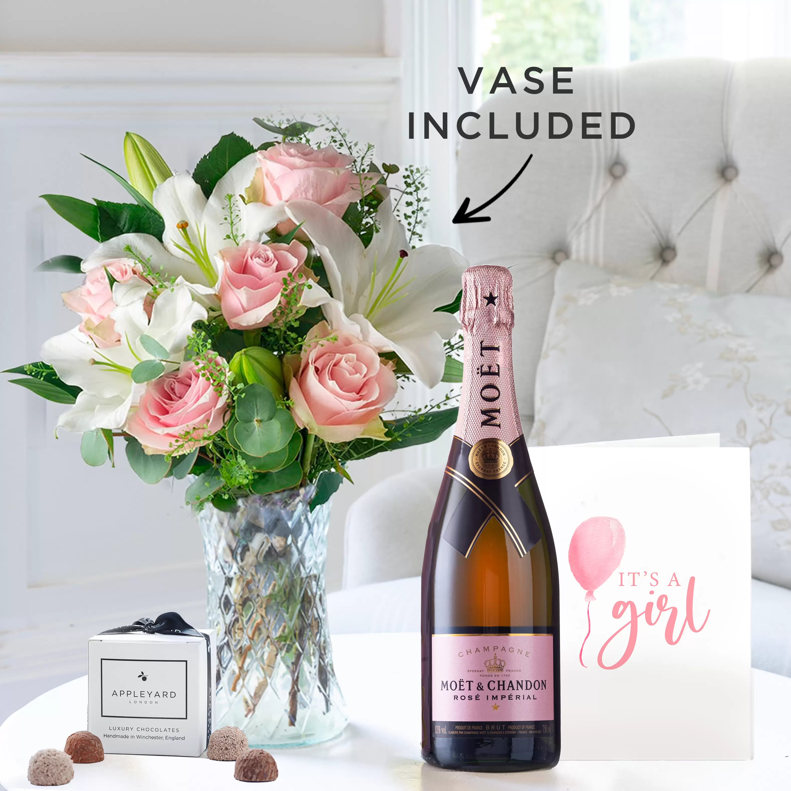 Simply Pink Rose & Lily, Moët Rosé, 6 Mixed Truffles, Vase & New Baby Girl Card