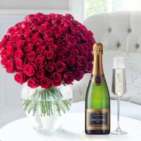 100 Luxury Red Roses & Champagne Dericbourg