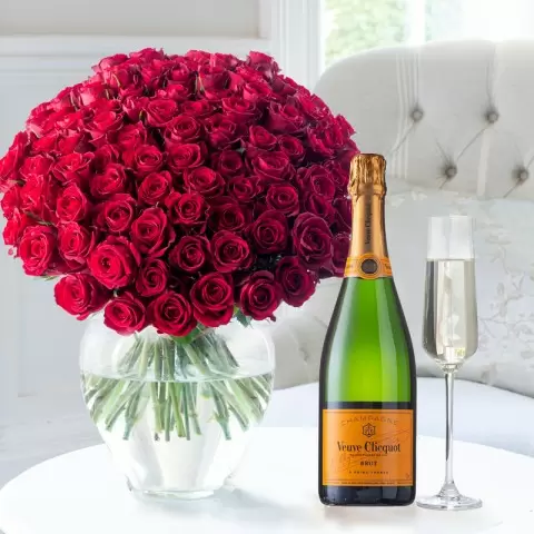 100 Luxury Red Roses & Veuve Clicquot