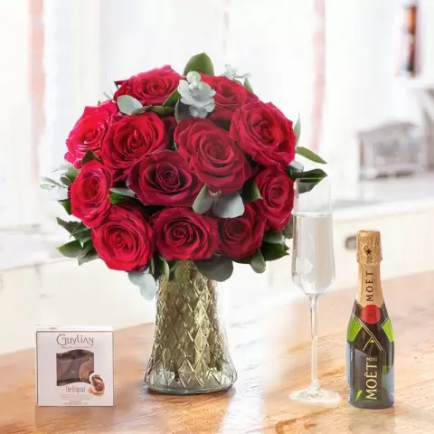 12 Opulent Red Roses, Mini Moët & 65g Guylian Chocolates
