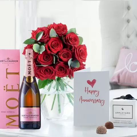 12 Opulent Red Roses, Moët Rosé, 6 Mixed Truffles & Anniversary Card