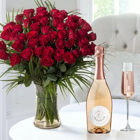 50 Luxury Red Roses & Prosecco Rosé