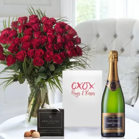 50 Red Roses, Champagne, 12 Mixed Truffles & Romance Gift Card