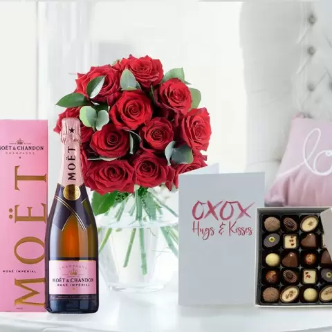 12 Large Headed Red Roses, Moët Rosé, Chocolates & Romance Card
