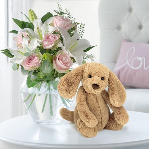 Simply Pink Rose & Lily & Jellycat® Bashful Toffee Puppy