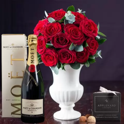 12 Opulent Red Roses, Moët & Chandon & 12 Mixed Truffles