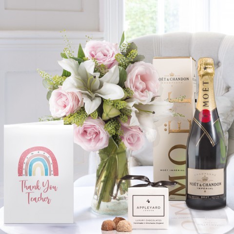Simply Pink Rose & Lily, Moët & Chandon, 6 Mixed Truffles & Card