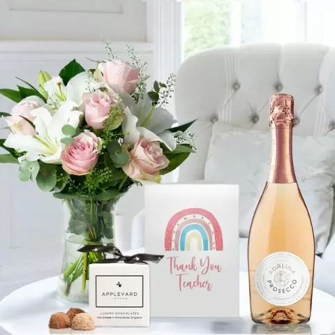 Simply Pink Rose & Lily, Prosecco Rosé, 6 Mixed Truffles & Thank You Teacher Card