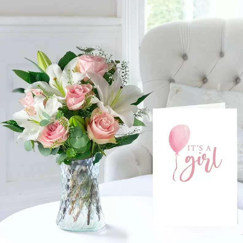 Simply Pink Rose & Lily & New Baby Girl Card 