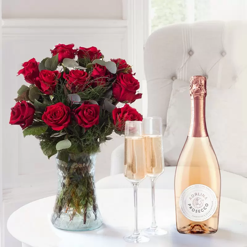 12 Large Headed Red Roses & Prosecco Rosé