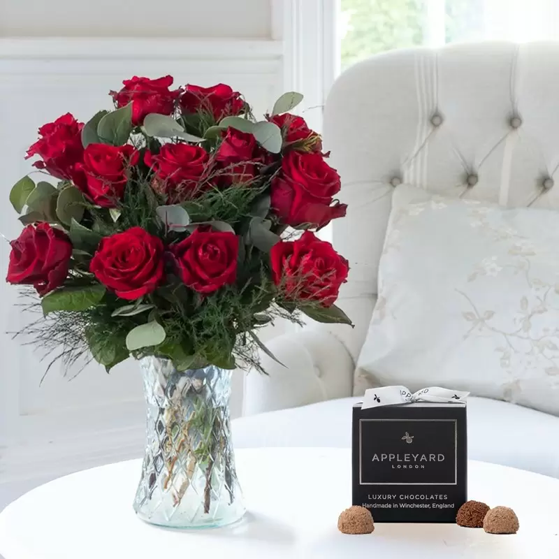 12 Opulent Red Roses & 12 Mixed Truffles