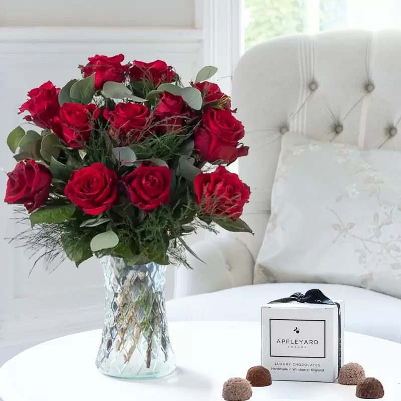 12 Opulent Red Roses & 6 Mixed Truffles