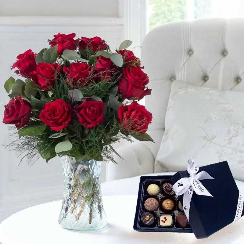 12 Opulent Red Roses & Box of 9 Chocolates