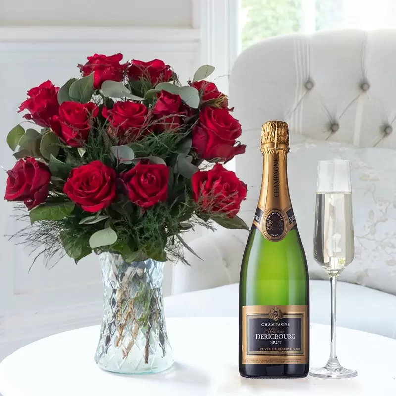 12 Opulent Red Roses & Champagne Dericbourg