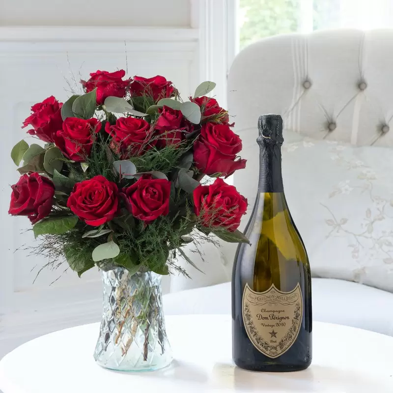 12 Opulent Red Roses & Dom Perignon
