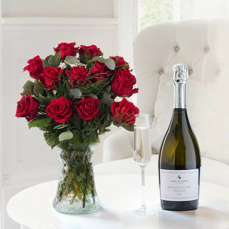 12 Opulent Red Roses & Prosecco
