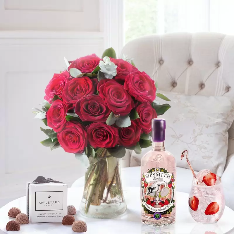 12 Large Headed Red Roses, Sipsmith Strawberry Gin & Chocolates