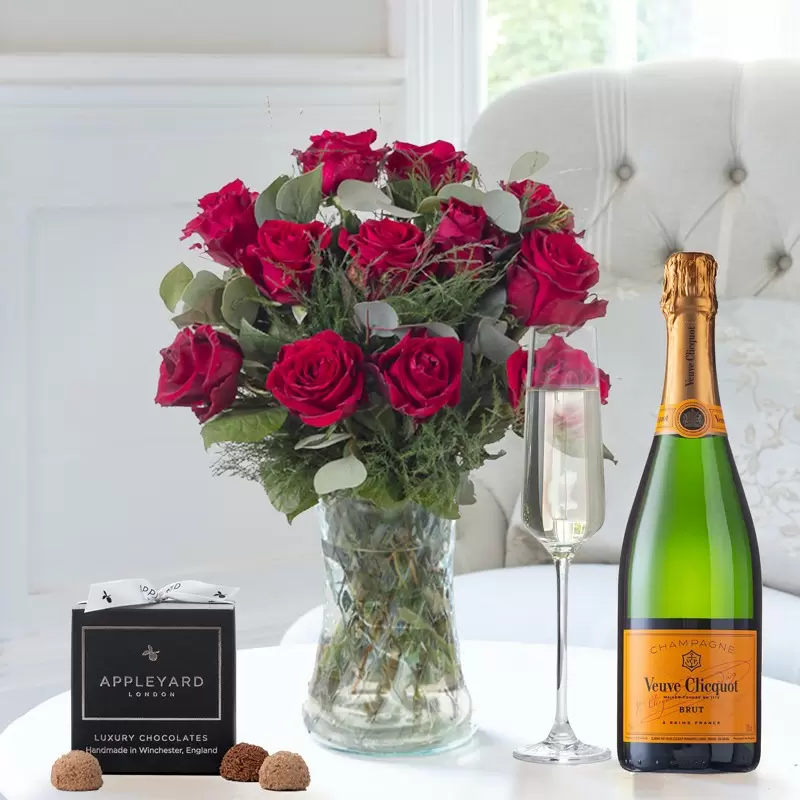 12 Opulent Red Roses, Veuve Clicquot & 12 Mixed Truffles