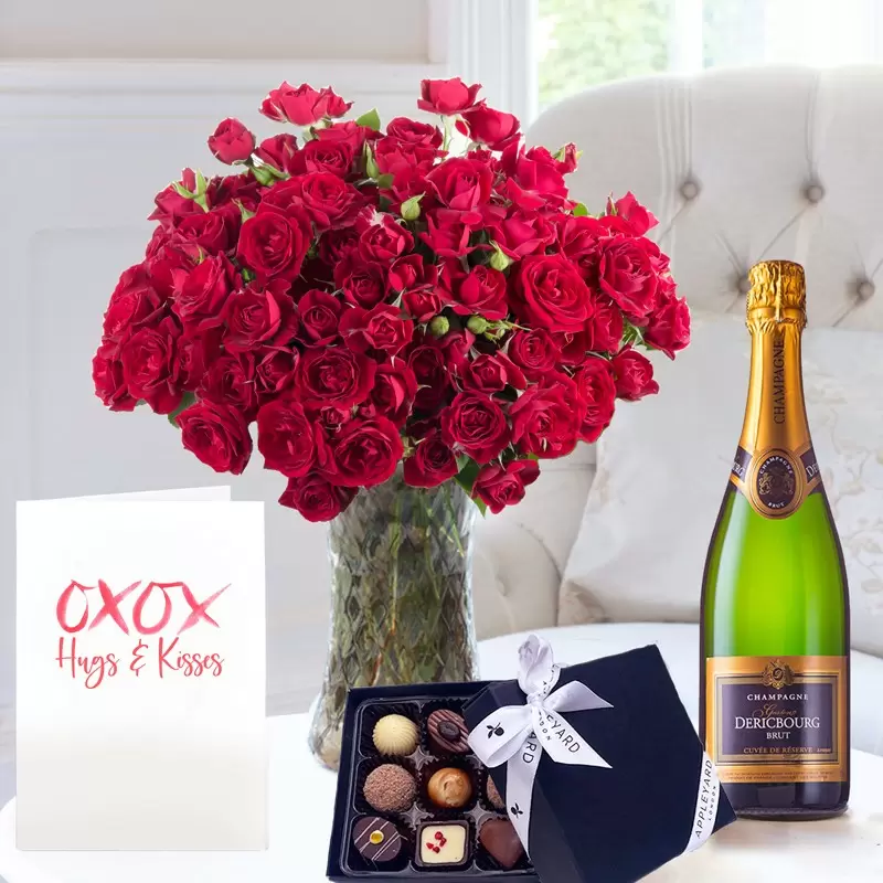 50 Red Roses, Dericbourg Champagne, Box of 9 Chocolates & Romance Card