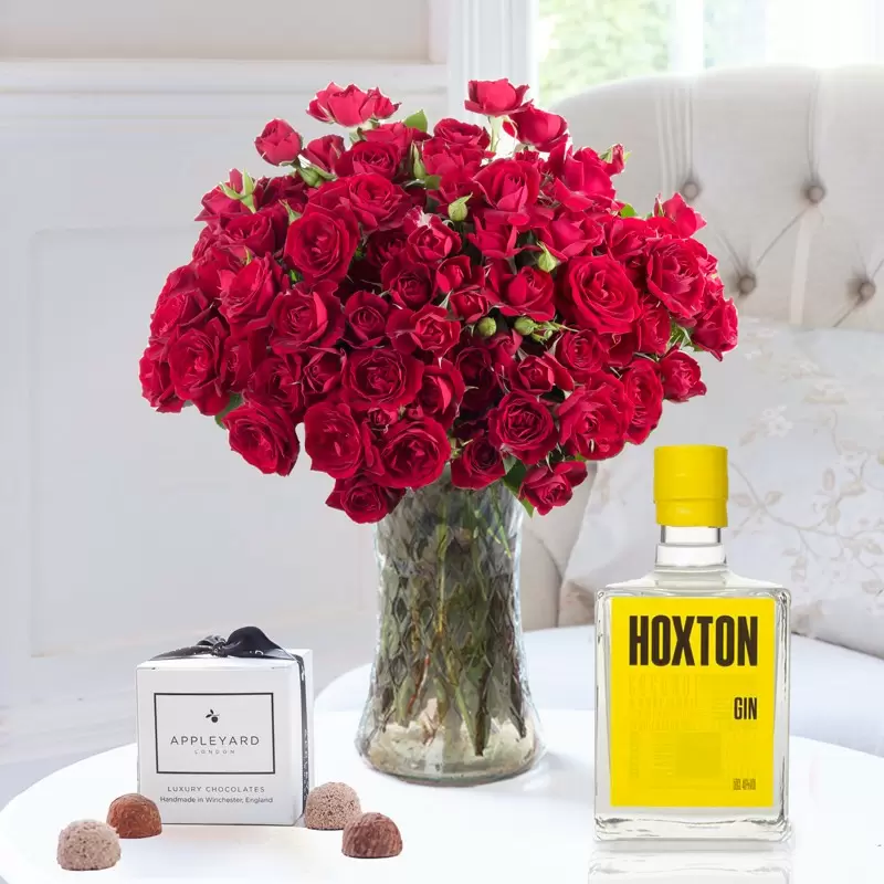 50 Red Roses, Hoxton Tropical Gin & 6 Mixed Truffles