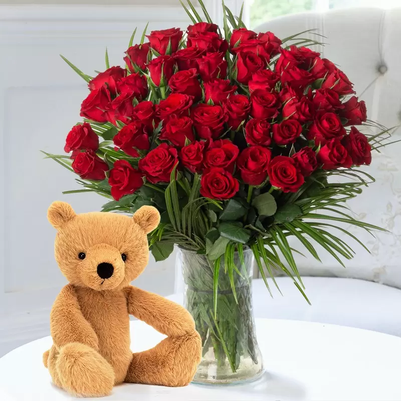 50 Luxury Red Roses & Jellycat® Rufus Bear (29cm)