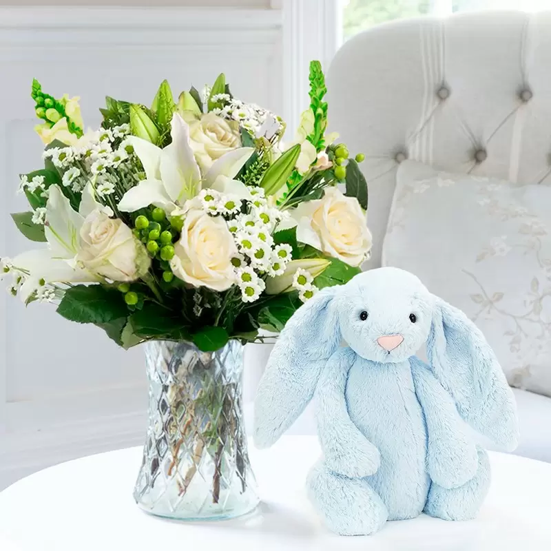 Simply White Rose & Lily & Jellycat® Bashful Blue Bunny