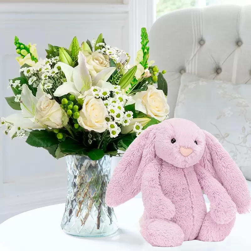 Simply White Rose & Lily & Jellycat® Bashful Lilac Bunny