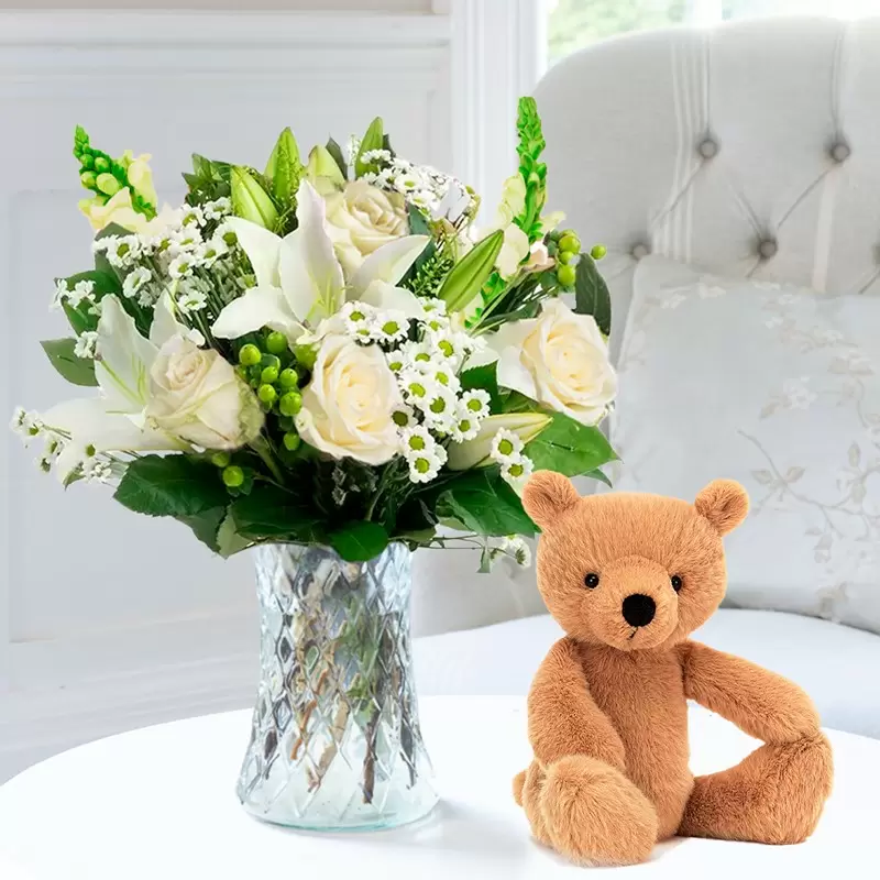 Simply White Rose & Lily & Jellycat® Rufus Bear (29cm)