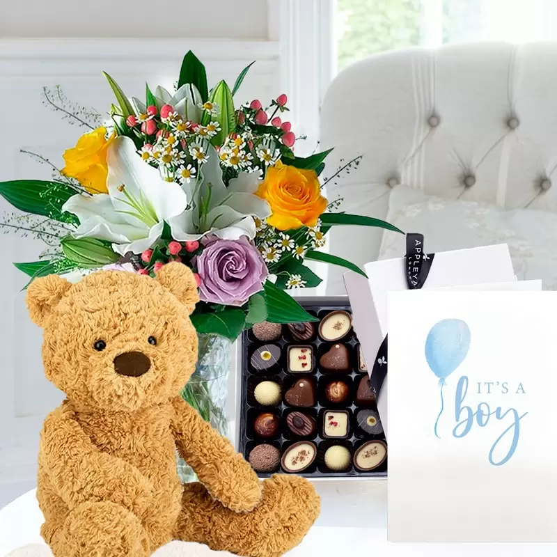 Glaze, Bumbly Bear (38cm), 25 Luxury Chocolates & New Baby Boy Card