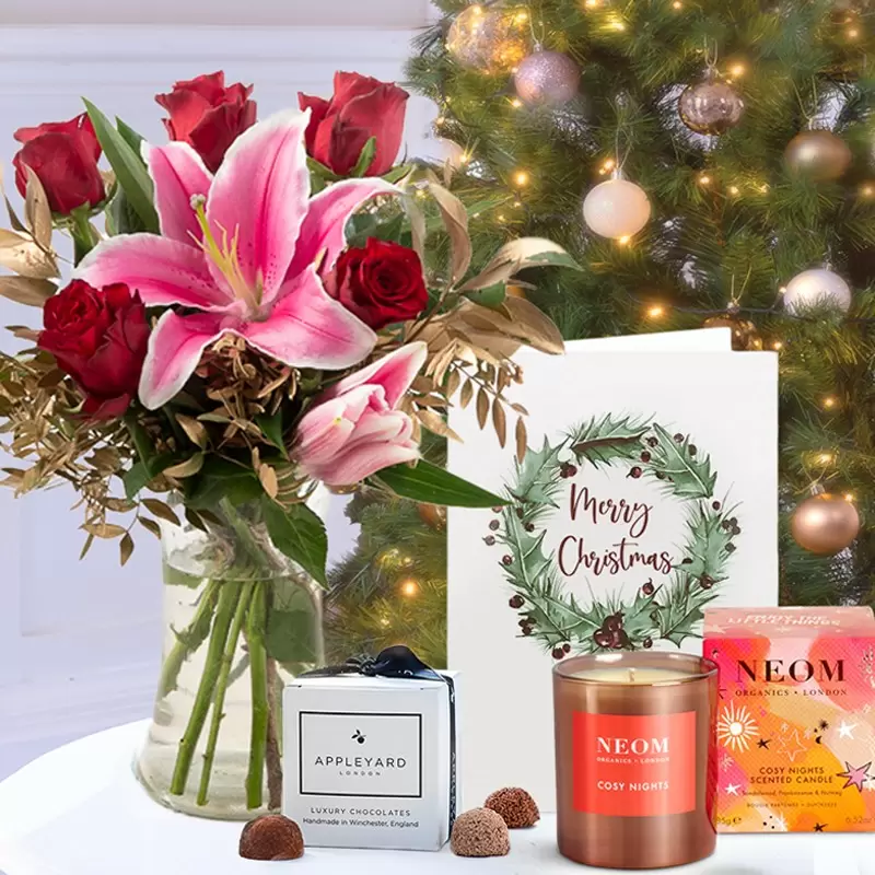 Magical Lily & Rose, NEOM Cosy Nights 1 Wick Candle, 6 Mixed Truffles & Christmas Card
