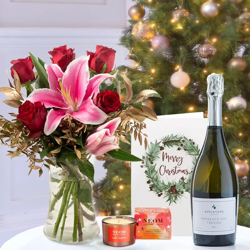 Magical Lily & Rose, Prosecco,neom Cosy Nights Travel Candle & Christmas Card