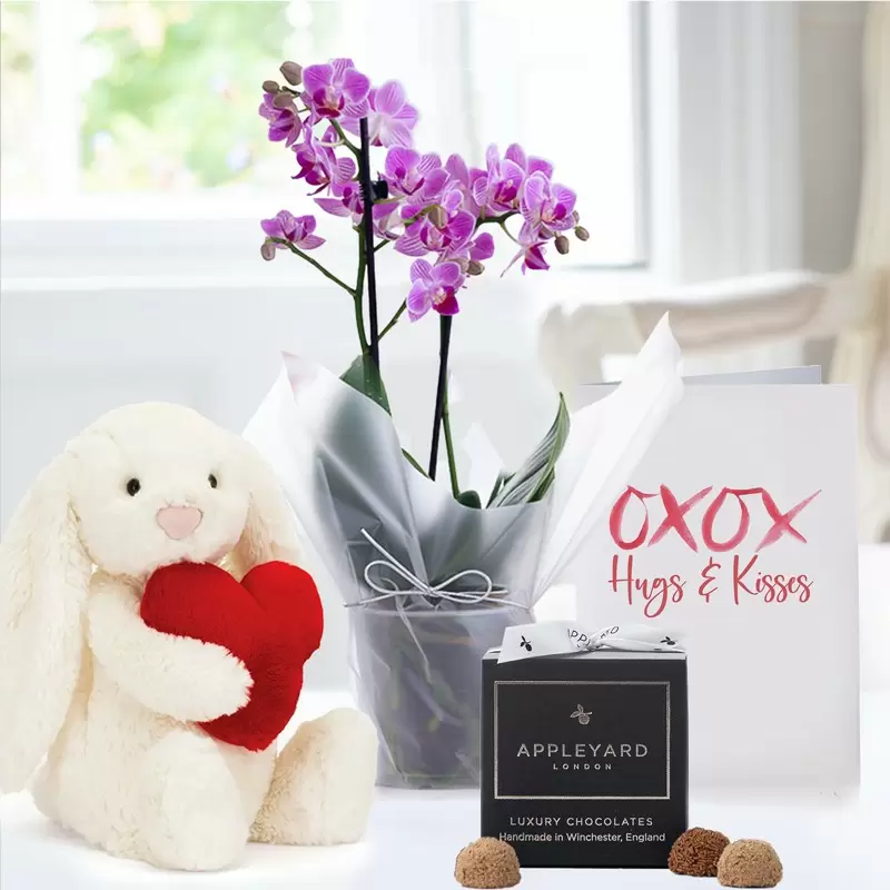 Mini Pink Orchid, 12 Truffles, Jellycat Love Heart Bunny & Romance Card