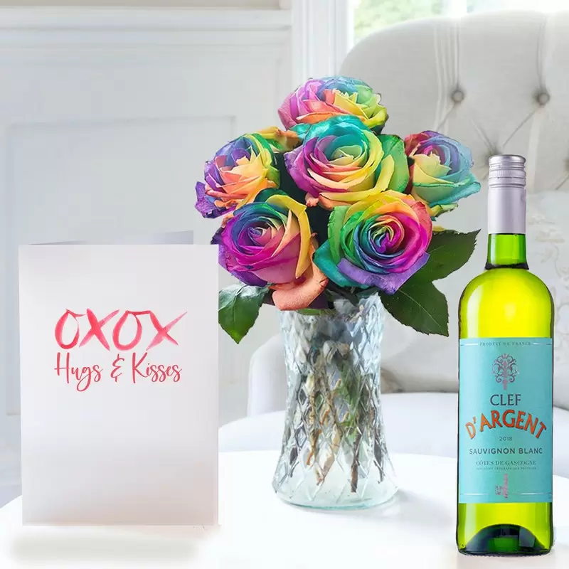 Rainbow Roses, Clef D'Argent Sauvignon Blanc & Romance Card