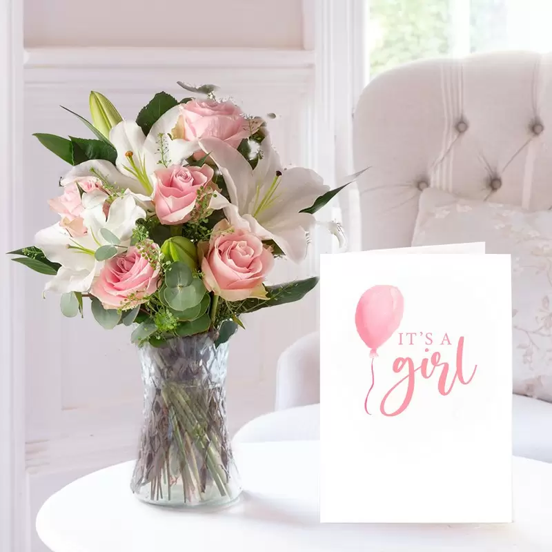 Simply Pink Rose & Lily & New Baby Girl Card