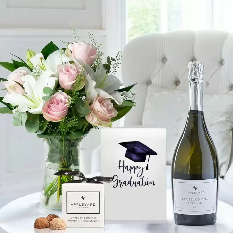Simply Pink Rose & Lily, Prosecco, 6 Mixed Truffles & Graduation Card