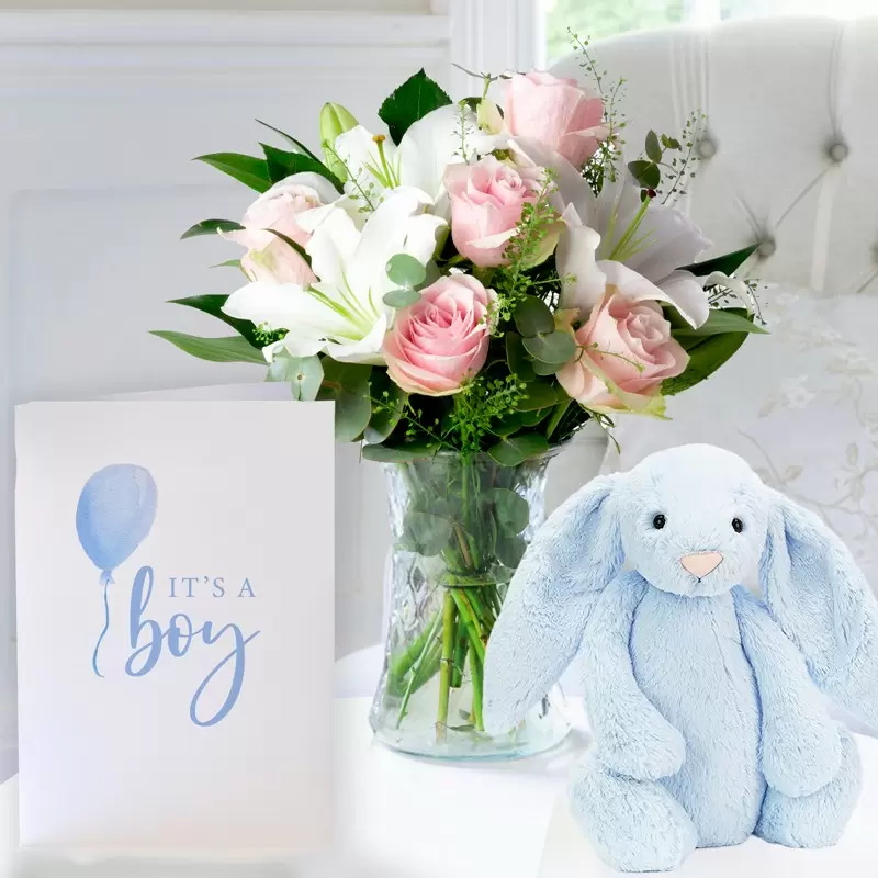 Simpy Pink Rose & Lily. Jellycat® Bashful Blue Bunny & New Baby Boy Card