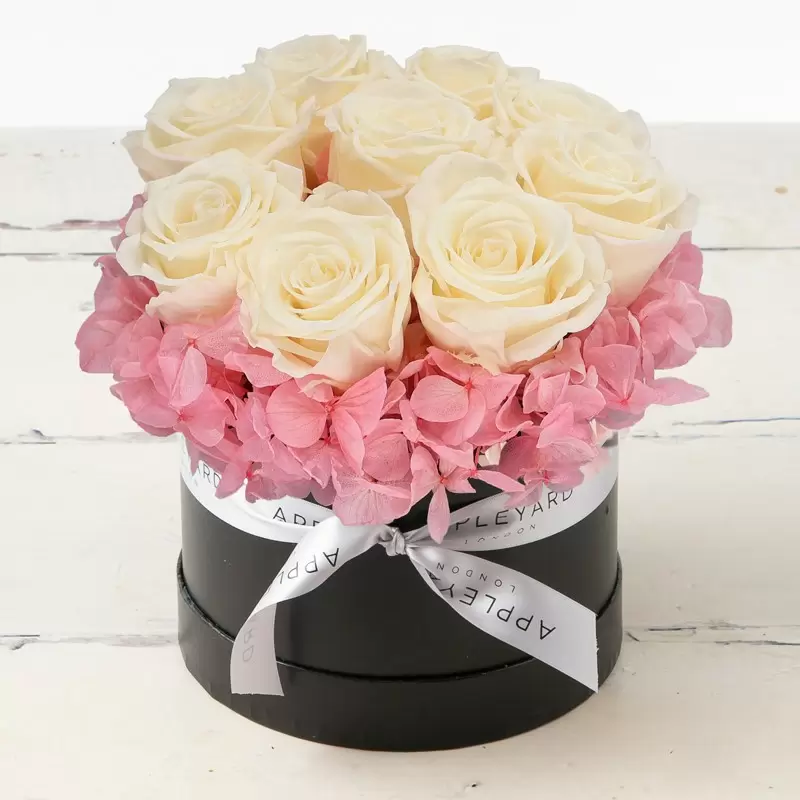 White Rose & Pink Hydrangea Hatbox (Lasts Up To A Year)