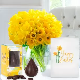 100 Daffodils, Easter Dark Chocolate Chick & Buttons (100g) & Happy Easter Card
